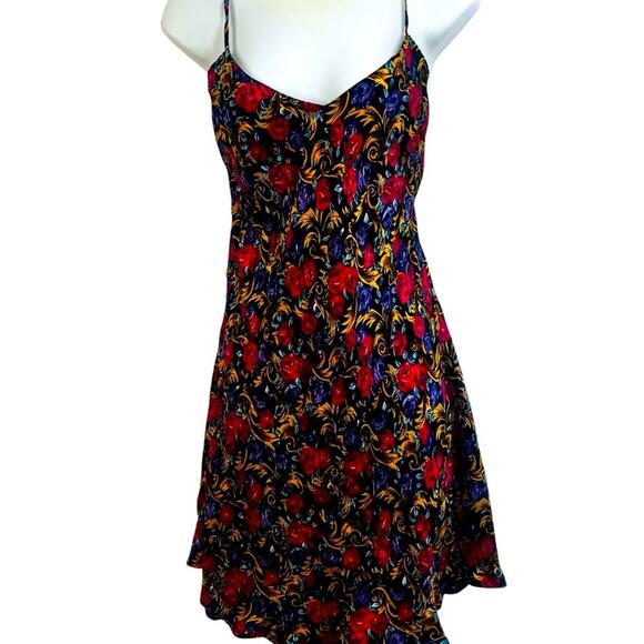 100% Silk Vintage Red & Purple Roses, Mini Length Slip Sundress, Size Medium NEW - Picture 5 of 8